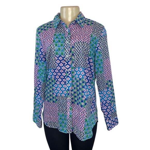 Talbots Women's Patchwork Tulip Print Button-Up Shirt M 100% Cotton Long Sleeve - Picture 1 of 6